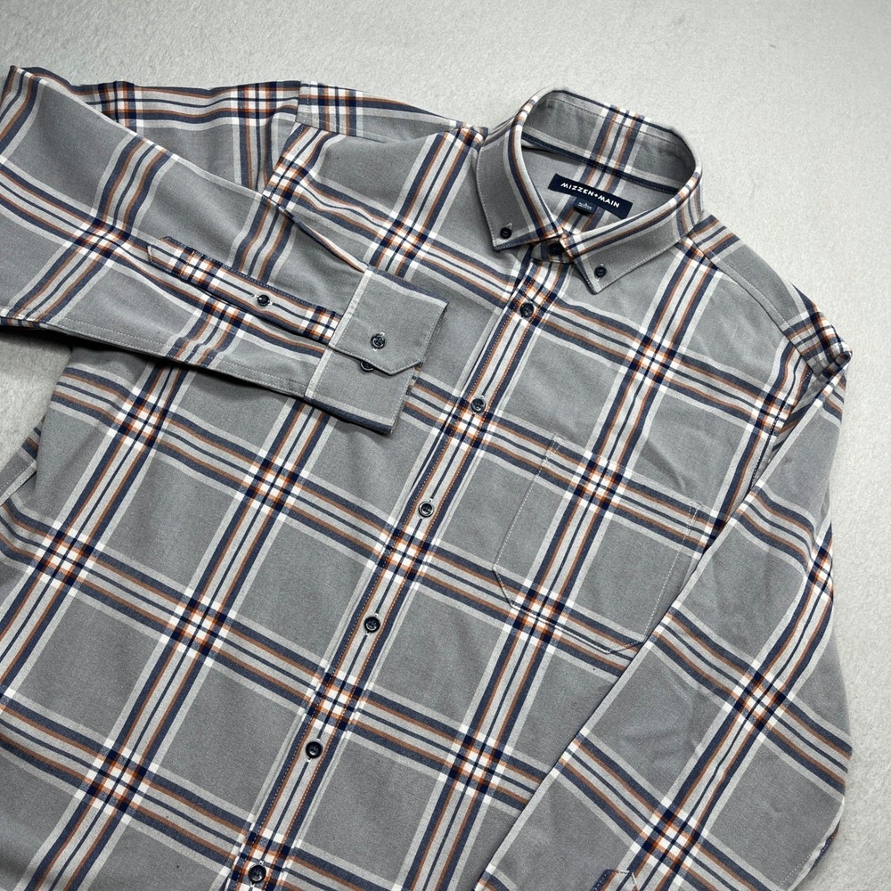 Mizzen+Main Shirt Mens Large Gray Plaid Performance Flannel Classic Fit L Work